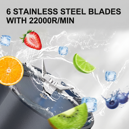 A dynamic close-up of the Alphinea blender's 6 precision stainless steel blades splashing in water with fresh fruit slices. The text highlights its 22,000 RPM high-torque power engineered to pulverize ice and fruit.
