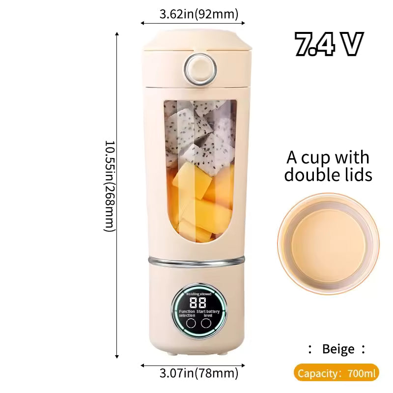 Beige Alphinea 700ML portable blender displaying dimensions of 10.55 inches tall. Features a 7.4V motor, double lids, and a digital display screen.