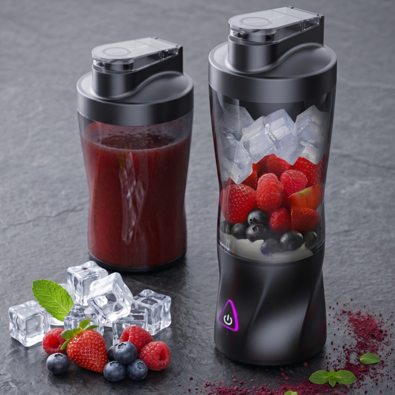 Two black Alphinea 700ML portable cordless blenders on a dark countertop. One contains a fully blended red fruit smoothie, while the other is filled with fresh strawberries, blueberries, and ice, showcasing its high-capacity vessel and sleek design.