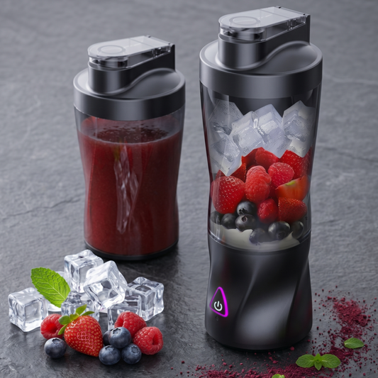 Zwei schwarze, kabellose Alphinea-Standmixer mit je 700 ml Fassungsvermögen stehen auf einer dunklen Arbeitsfläche. In einem befindet sich ein fertig gemixter Smoothie aus roten Früchten, während der andere mit frischen Erdbeeren, Blaubeeren und Eis gefüllt ist und so sein großes Fassungsvermögen und sein elegantes Design optimal zur Geltung bringt.
