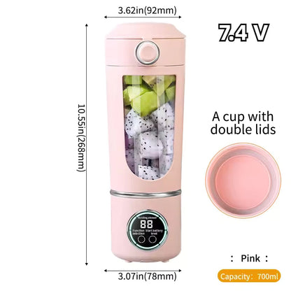 Pink Alphinea 700ML portable blender displaying dimensions of 10.55 inches tall. Features a 7.4V motor, double lids, and a digital display screen.