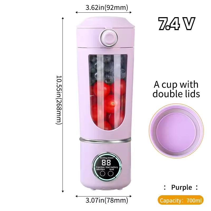 Purple Alphinea 700ML portable blender displaying dimensions of 10.55 inches tall. Features a 7.4V motor, double lids, and a digital display screen.