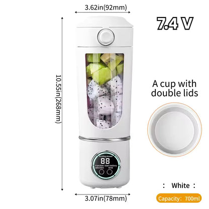 White Alphinea 700ML portable blender displaying dimensions of 10.55 inches tall. Features a 7.4V motor, double lids, and a digital display screen.