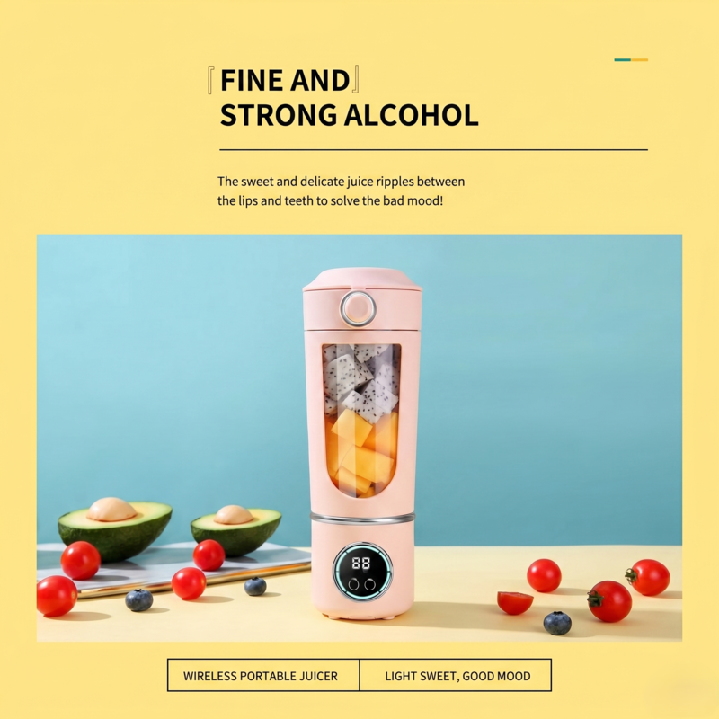 Alphinea 700ML wireless portable blender in pink, filled with fresh dragonfruit and mango. A high-velocity travel juicer sitting on a table next to fresh avocados and tomatoes.