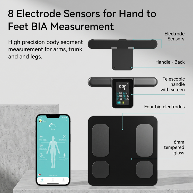 Balance connectée Alphinea pour la composition corporelle, dotée de 8 capteurs à électrodes et d'une poignée télescopique pour des mesures BIA détaillées des mains aux pieds.
