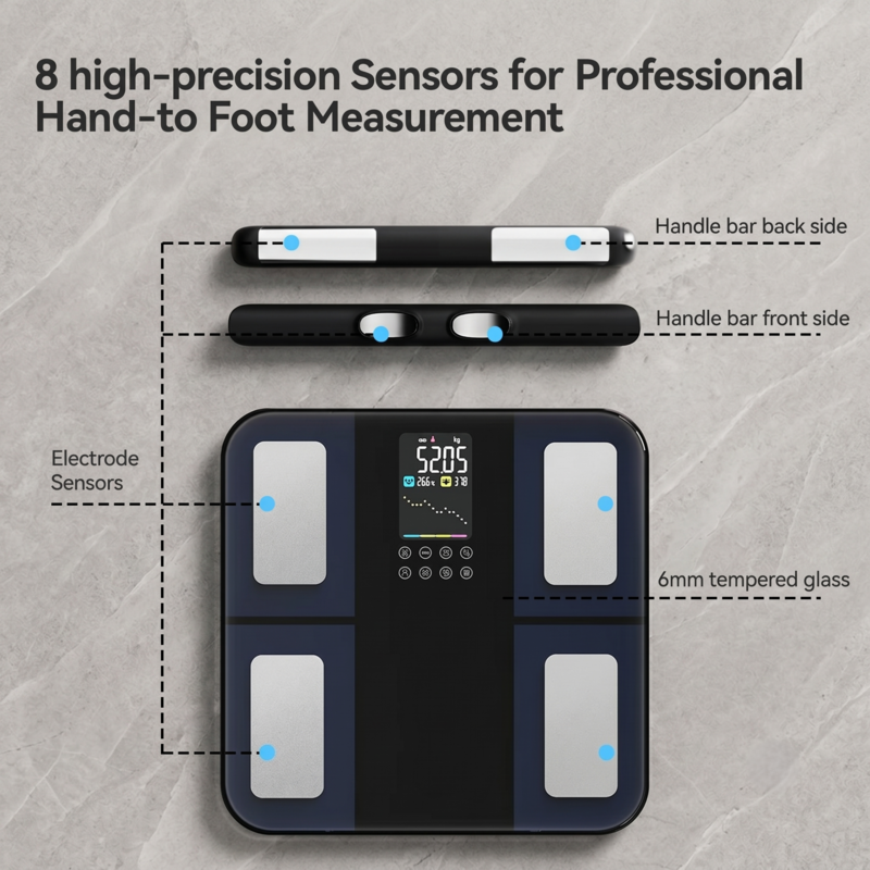 Alphinea smart body composition scale with 8 high-precision sensors and handle bar for professional hand-to-foot measurement.