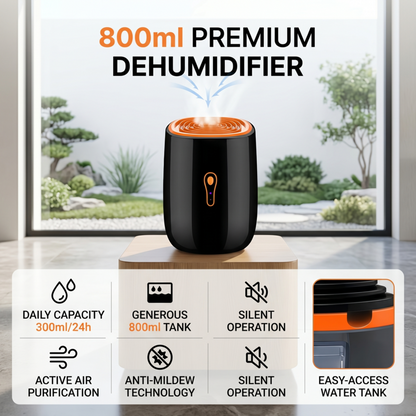 Alphinea 800ml premium dehumidifier displayed on a wooden stand, highlighting its 300ml daily capacity, active air purification, anti-mildew technology, and whisper-quiet operation.