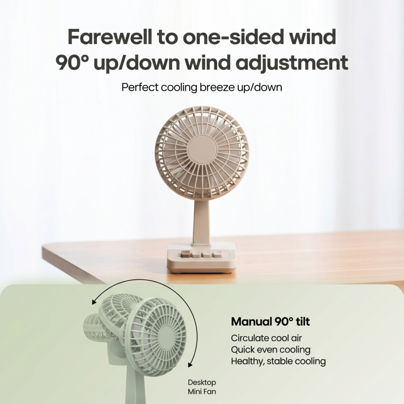 Le ventilateur de bureau réglable Alphinea démontre son inclinaison manuelle de 90 degrés vers le haut et vers le bas pour un refroidissement ciblé et confortable.