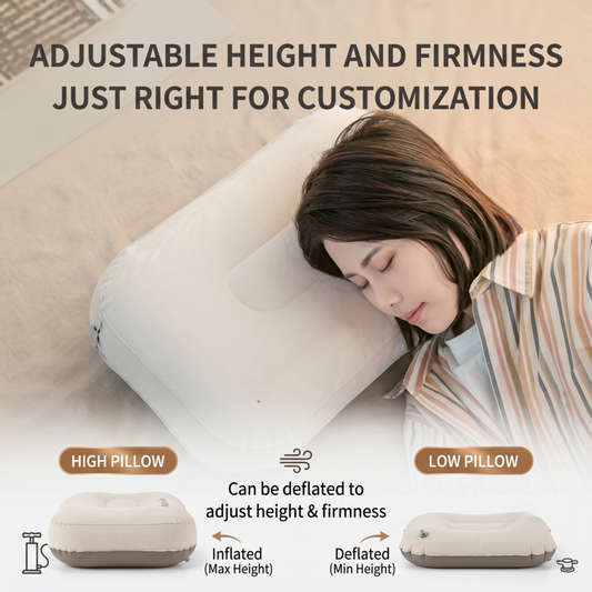 Woman sleeping comfortably on the Alphinea adjustable inflatable travel pillow, demonstrating how it can be deflated to customize height and firmness.
