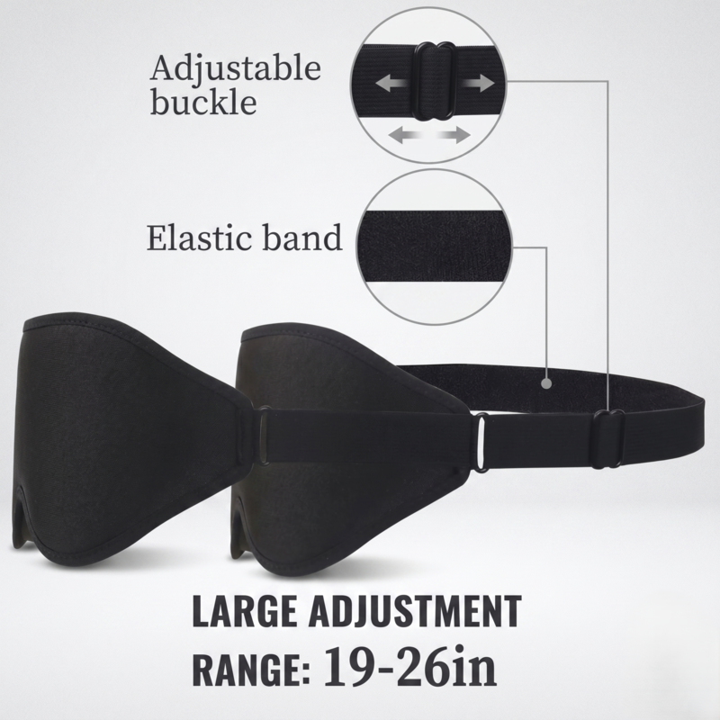 Detail shot of the Alphinea sleep mask's back strap, showing the snag-free elastic band and adjustable buckle with a 19 to 26-inch range for all-night stability.