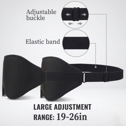 Detail shot of the Alphinea sleep mask's back strap, showing the snag-free elastic band and adjustable buckle with a 19 to 26-inch range for all-night stability.