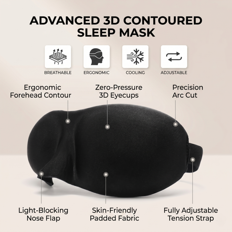 Features of the Alphinea advanced 3D sleep mask, highlighting zero-pressure eyecups, light-blocking nose flap, and adjustable strap.