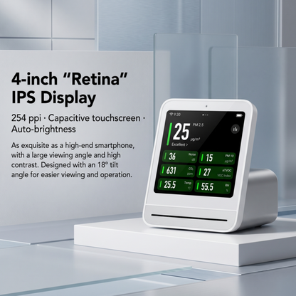 Écran Retina IPS haute résolution de 4 pouces sur l'Alphinea Air Monitor 2 affichant des données environnementales nettes et à luminosité optimisée automatiquement.