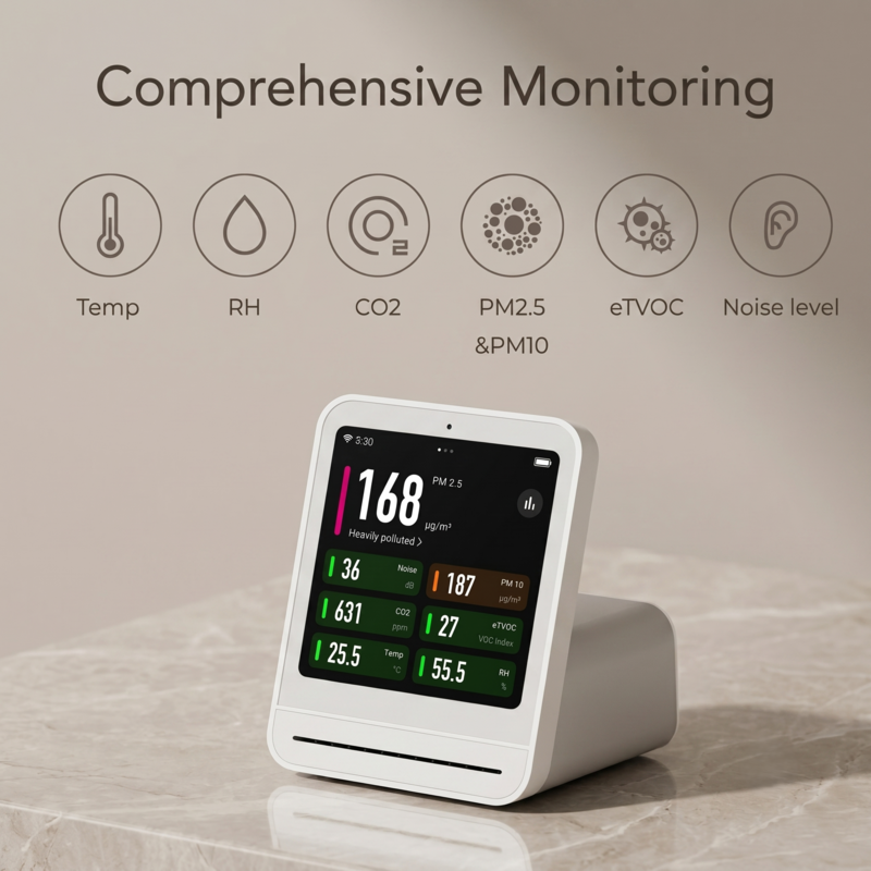 L'écran blanc du moniteur d'air Alphinea 2 affiche une surveillance environnementale complète de la température, de l'humidité, du CO2, des PM2.5, des COV totaux et du bruit.
