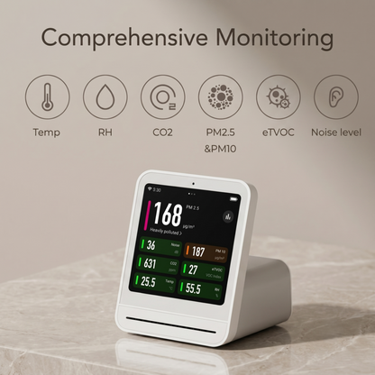 L'écran blanc du moniteur d'air Alphinea 2 affiche une surveillance environnementale complète de la température, de l'humidité, du CO2, des PM2.5, des COV totaux et du bruit.