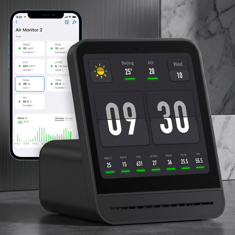 Le moniteur Alphinea Air Monitor 2 noir est associé à un smartphone et affiche l'application mobile associée pour le suivi et la gestion à distance de la qualité de l'air intérieur.
