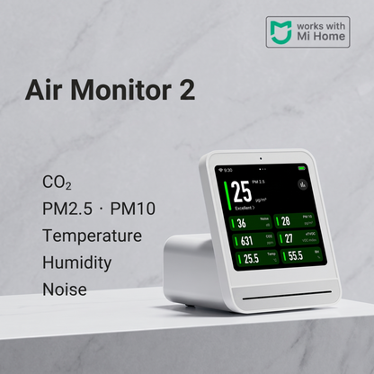 Le moniteur de qualité de l'air Alphinea Air Monitor 2 blanc affiche en temps réel les indicateurs de qualité de l'air intérieur, notamment le CO2, les PM2.5, la température et l'humidité.