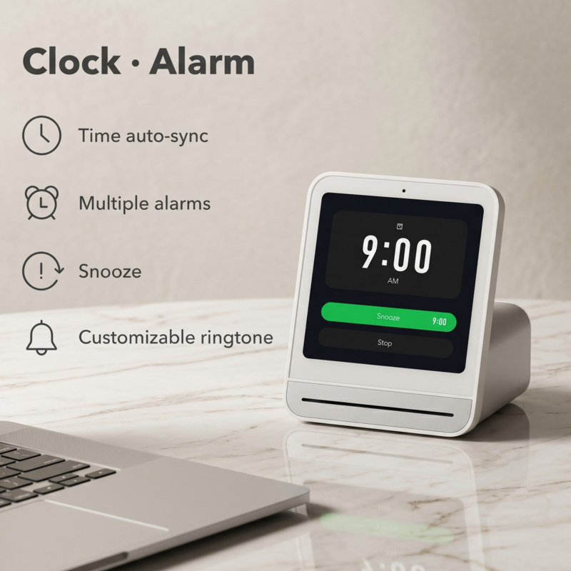 Le moniteur d'air Alphinea Air Monitor 2 blanc fait office de réveil numérique de chevet avec synchronisation automatique, plusieurs alarmes et fonction snooze.
