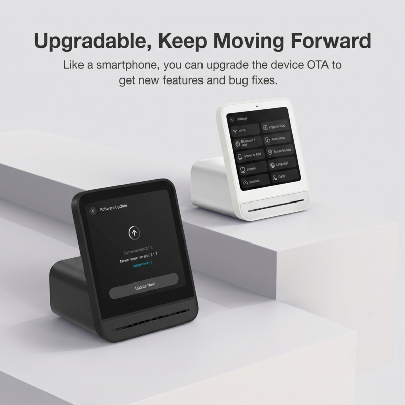 Alphinea Air Monitor 2 affiche son écran de mise à jour à distance (OTA) pour des améliorations continues du firmware et des fonctionnalités.