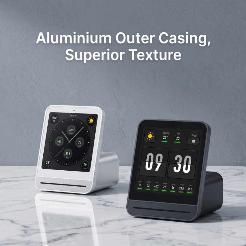 Boîtier extérieur en aluminium haut de gamme de l'Alphinea Air Monitor 2, mettant en valeur une texture supérieure en finitions noire et blanche.