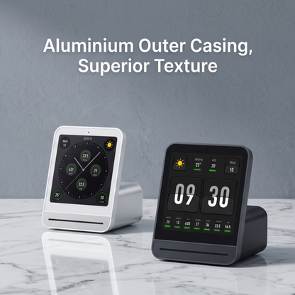 Boîtier extérieur en aluminium haut de gamme de l'Alphinea Air Monitor 2, mettant en valeur une texture supérieure en finitions noire et blanche.