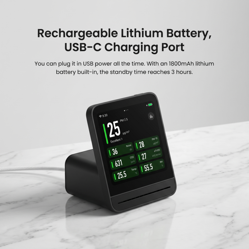 Le moniteur d'air Alphinea Air Monitor 2 noir met en avant sa batterie au lithium rechargeable intégrée et son port de chargement USB-C pratique.