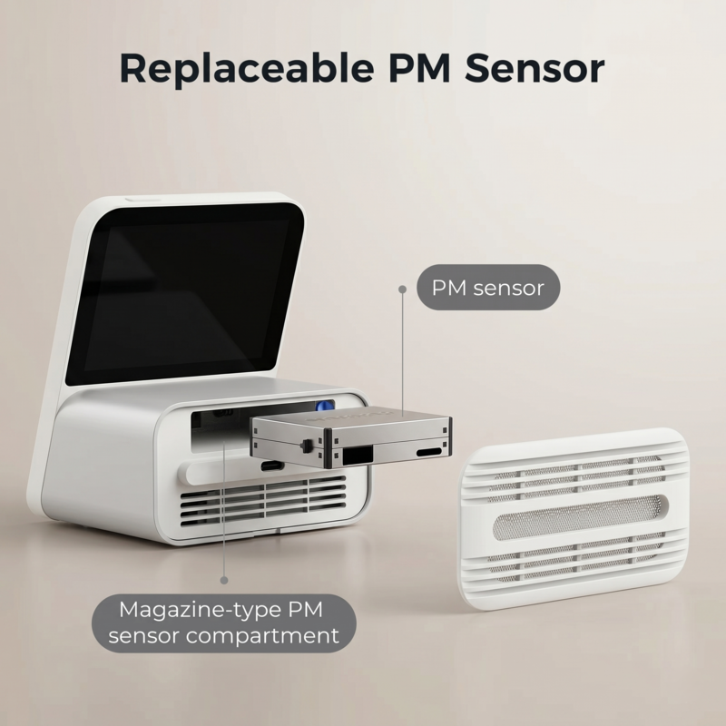Compartiment pour capteur PM remplaçable de type magazine coulissant à l'arrière du moniteur de qualité d'air Alphinea Air Monitor 2 blanc.