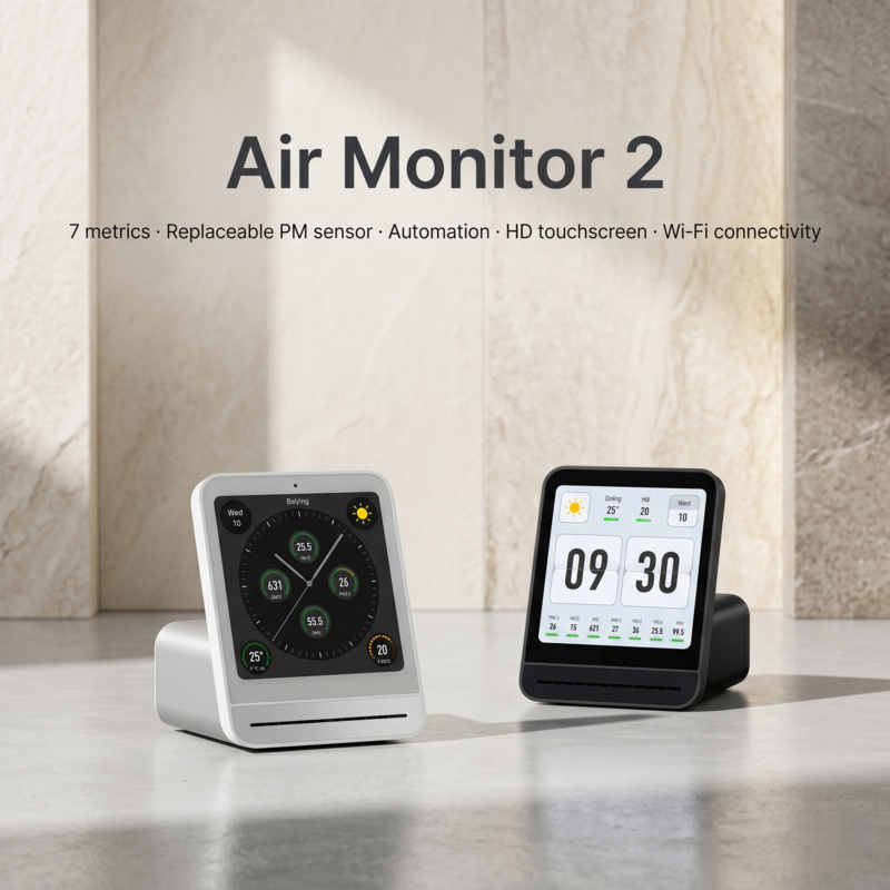 Alphinea Air Monitor 2 en noir et blanc, doté d'un écran tactile HD de 7 pouces, d'un capteur PM remplaçable et d'une connectivité domotique.