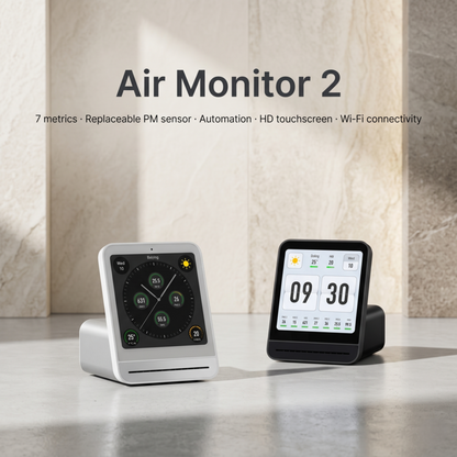 Alphinea Air Monitor 2 en noir et blanc, doté d'un écran tactile HD de 7 pouces, d'un capteur PM remplaçable et d'une connectivité domotique.