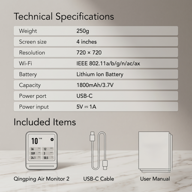 Tableau des spécifications techniques et liste des éléments inclus pour l'Alphinea Air Monitor 2, montrant l'appareil, le câble USB-C et le manuel d'utilisation.