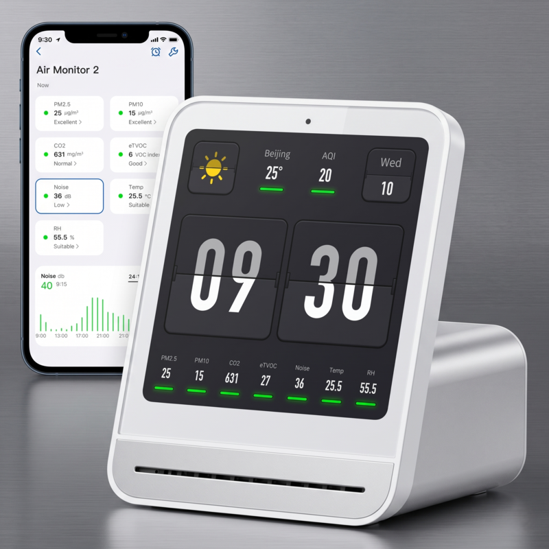 Alphinea Air Monitor 2 white paired with a smartphone, displaying the companion mobile app for remote indoor air quality tracking and management.