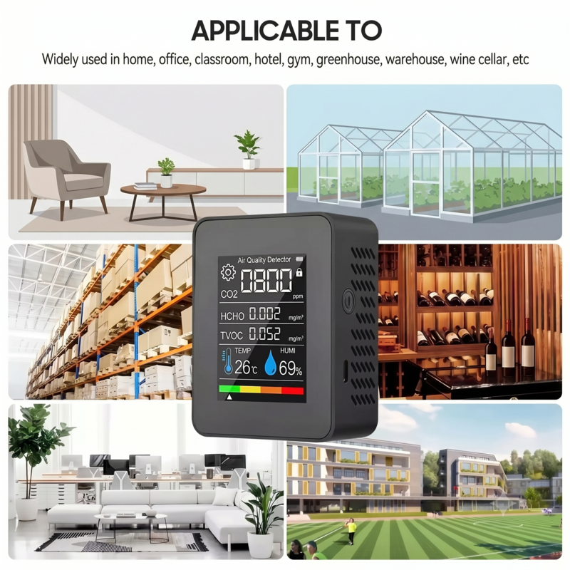 Collage illustrant les applications polyvalentes du testeur de qualité de l'air Alphinea, notamment son utilisation dans les maisons modernes, les bureaux, les serres, les entrepôts et les caves à vin.