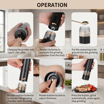 Guide étape par étape illustrant comment remplir et utiliser le moulin automatique Alphinea pour l'assaisonnement quotidien en cuisine.