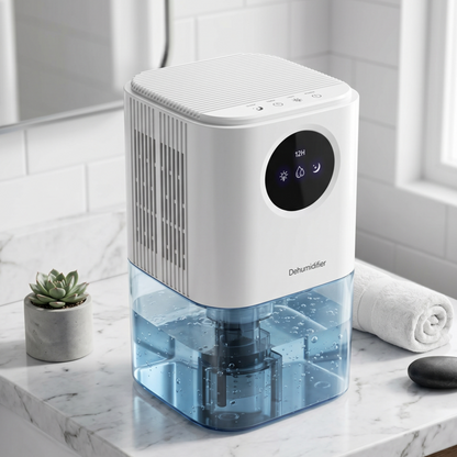 White Alphinea Dehumidifier on a bright bathroom counter, optimized for high-efficiency steam removal to keep tiles and mirrors crystal clear.