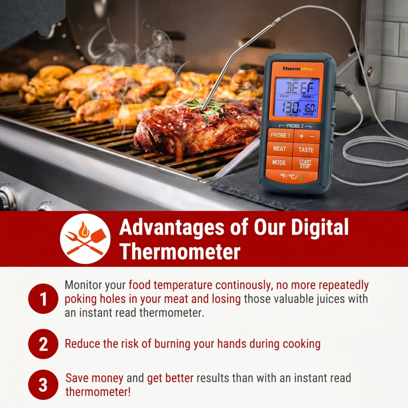 Utilisez le thermomètre numérique à lecture instantanée Alphinea pour une surveillance sûre et continue de la température sur un barbecue extérieur.