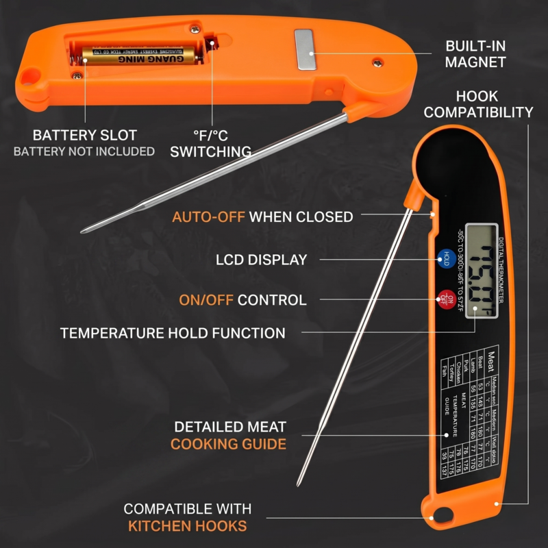 Alphinea electronic thermometer probe checking the internal temperature of a steak on a BBQ grill for consistent medium-rare results.