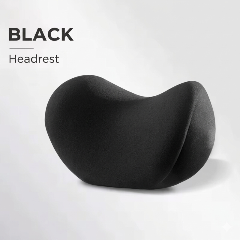 Studio shot of the black Alphinea ergonomic car neck pillow, highlighting its sleek, minimalist aesthetic and skin-friendly mesh fabric.