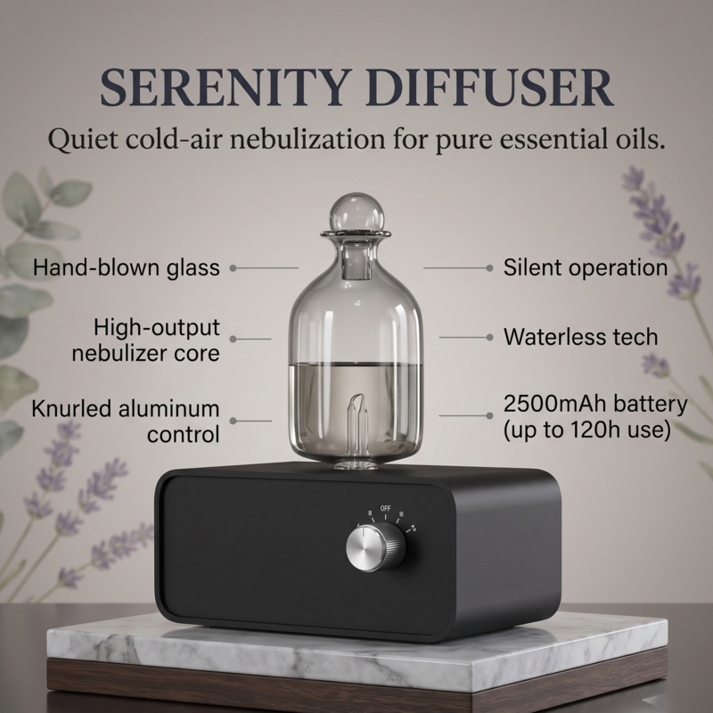 Diffuseur à nébulisation à air froid Alphinea Serenity noir, mettant en valeur des caractéristiques haut de gamme telles qu'une bouteille en verre soufflé à la main, une technologie silencieuse sans eau, une commande en aluminium moleté et une batterie de 2600 mAh.