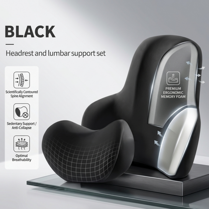 The black Alphinea Dual-Zone Automotive Comfort Suite displayed on a stand, featuring graphic callouts that highlight its premium memory foam core and breathable, heat-reducing design.
