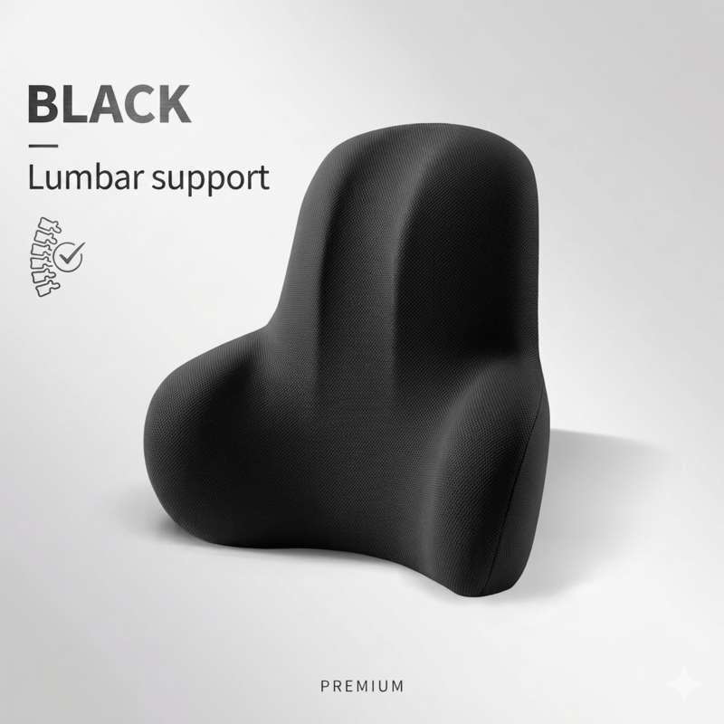 Studio shot of the black Alphinea memory foam lumbar support cushion, designed with a slow-recovery core to absorb road vibrations and redistribute body weight.