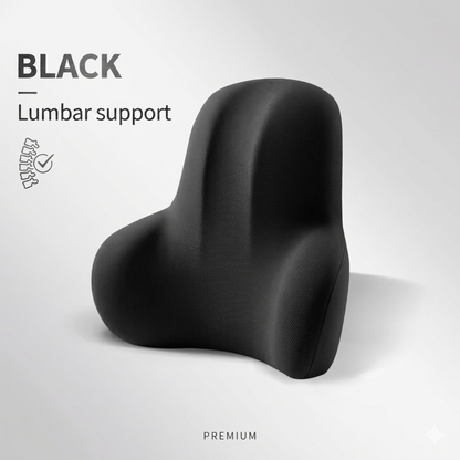 Studio shot of the black Alphinea memory foam lumbar support cushion, designed with a slow-recovery core to absorb road vibrations and redistribute body weight.