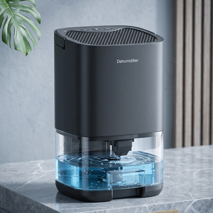 Black Alphinea high-efficiency moisture extractor in a modern home setting, actively preventing mold and neutralizing excess humidity for respiratory health.