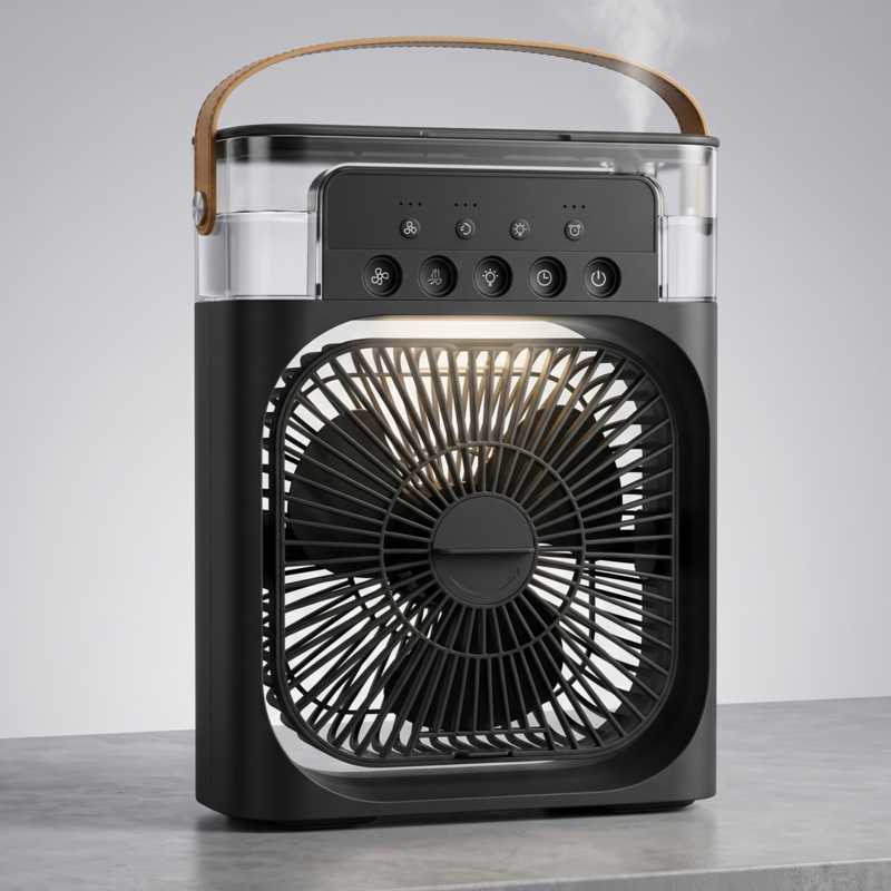Elegante schwarze Variante des tragbaren 3-in-1-Ventilators Alphinea mit Nebelfunktion, mit einem stilvollen braunen Tragegriff und einem kompakten Design, perfekt für Reisen oder Bürotische.