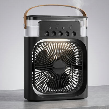 Elegante schwarze Variante des tragbaren 3-in-1-Ventilators Alphinea mit Nebelfunktion, mit einem stilvollen braunen Tragegriff und einem kompakten Design, perfekt für Reisen oder Bürotische.