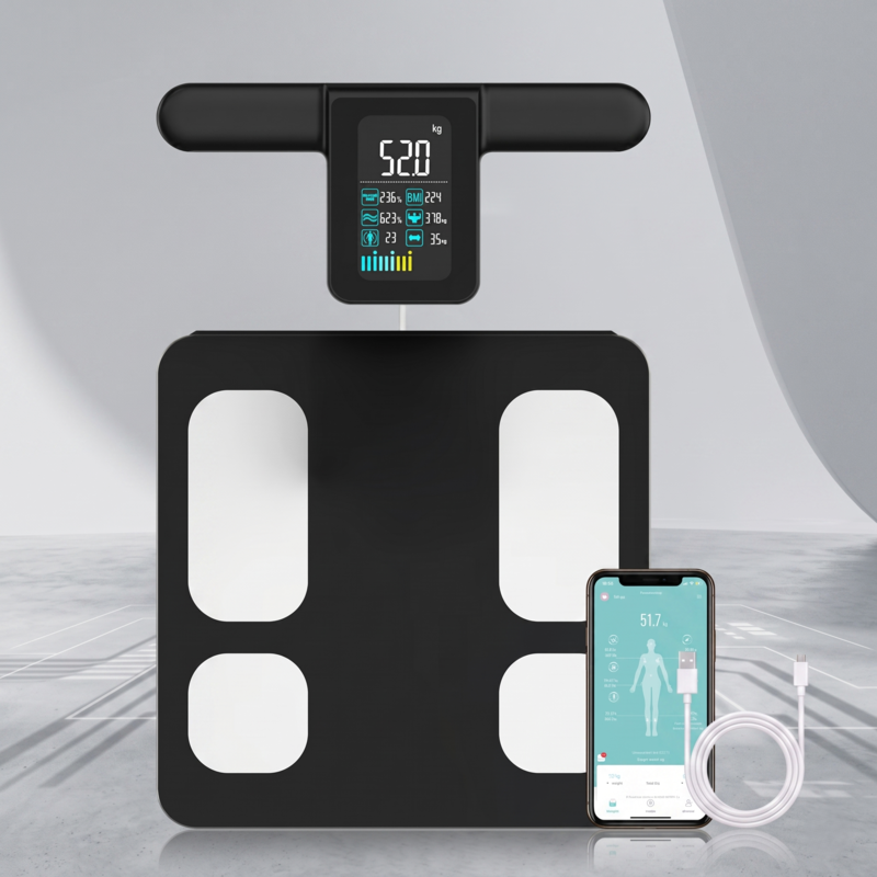 Balance connectée Alphinea pour la composition corporelle, de couleur noire, présentée avec sa poignée télescopique et sa connectivité à une application pour smartphone.