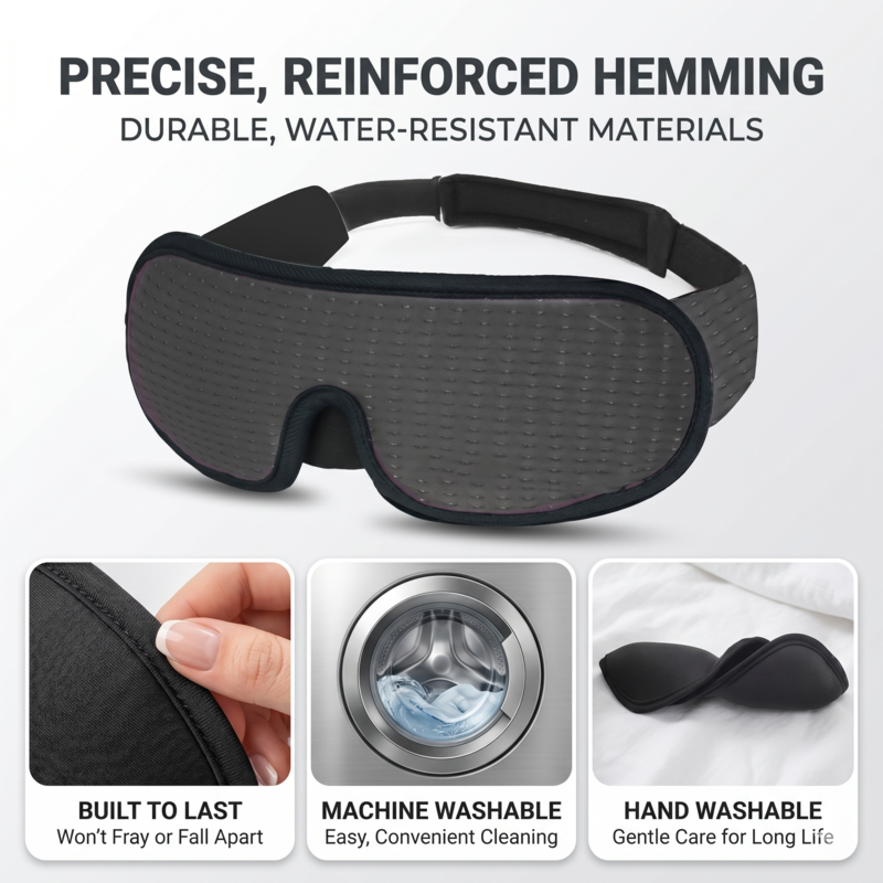 Close-up details of the Alphinea blackout sleep mask showing precise reinforced hemming, durable materials, and its flexible, machine-washable design.