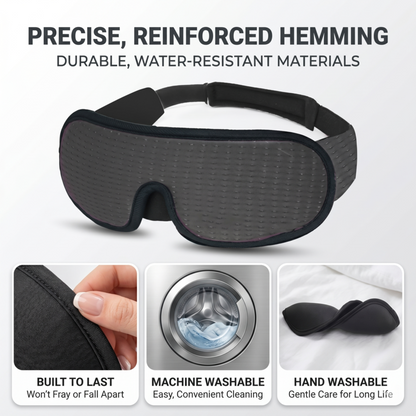 Close-up details of the Alphinea blackout sleep mask showing precise reinforced hemming, durable materials, and its flexible, machine-washable design.
