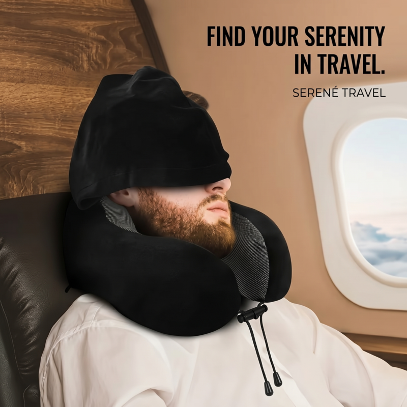 A traveler sleeping peacefully on an airplane using the Alphinea hooded travel pillow. The oversized integrated blackout hood is pulled down over his eyes, acting as a built-in sleep mask for total privacy.