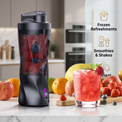 An Alphinea personal blender on a kitchen counter filled with berries and fruit. Text highlights its use for frozen refreshments, smoothies, and shakes.