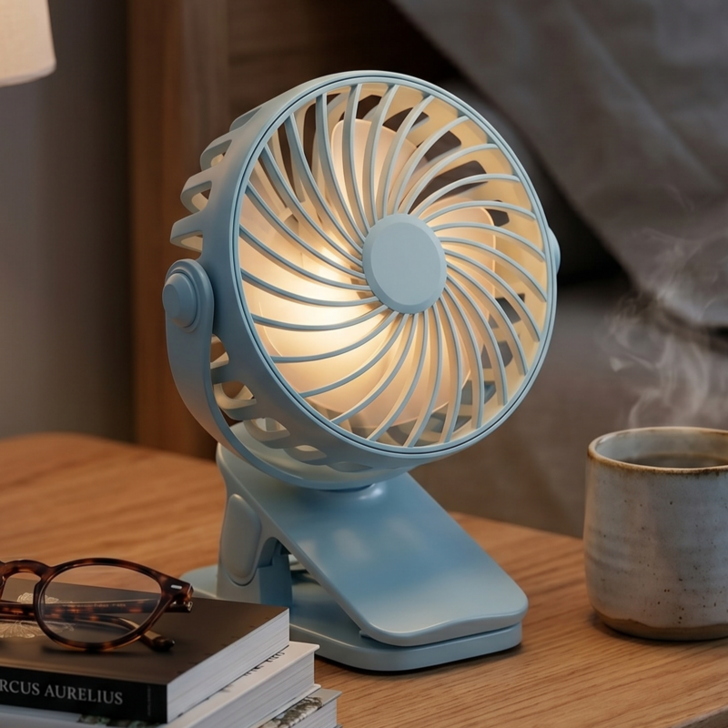 A blue Alphinea mini clip fan standing on a wooden bedside table. The built-in warm LED night light is illuminated, casting a gentle glow next to reading glasses, books, and a steaming mug.